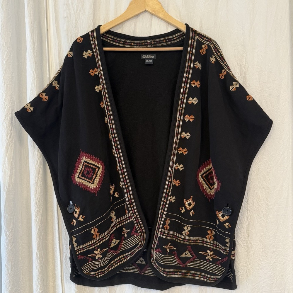 Lucky Brand Womens Aztec Open Front Cardigan Kimono Embroidered‎ Southwestern OS - Picture 2 of 6